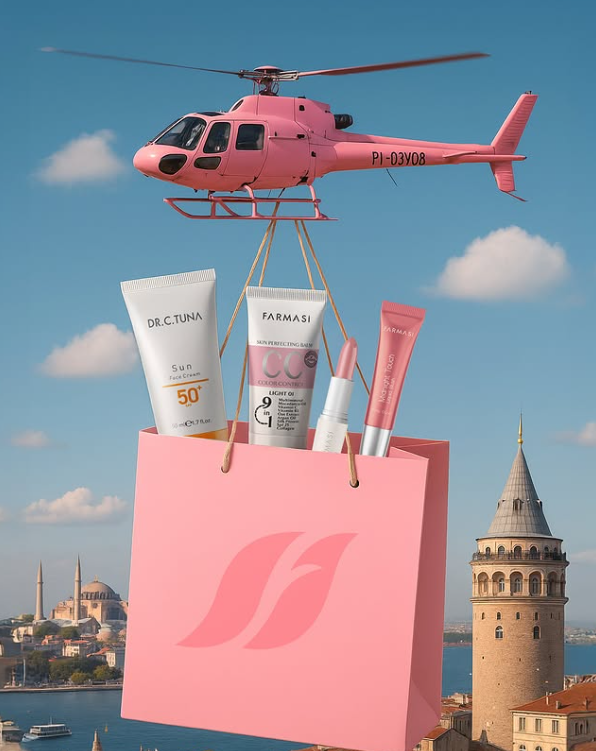 helicoptero cargando bolsa de productos de farmasi